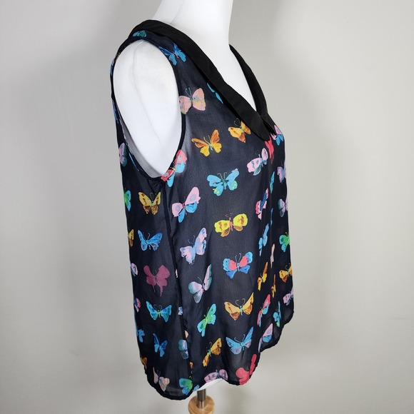 Butterfly Top Womens Large Chiffon Sheer Dainty Feminine Peter Pan Collar Blouse - Picture 4 of 14